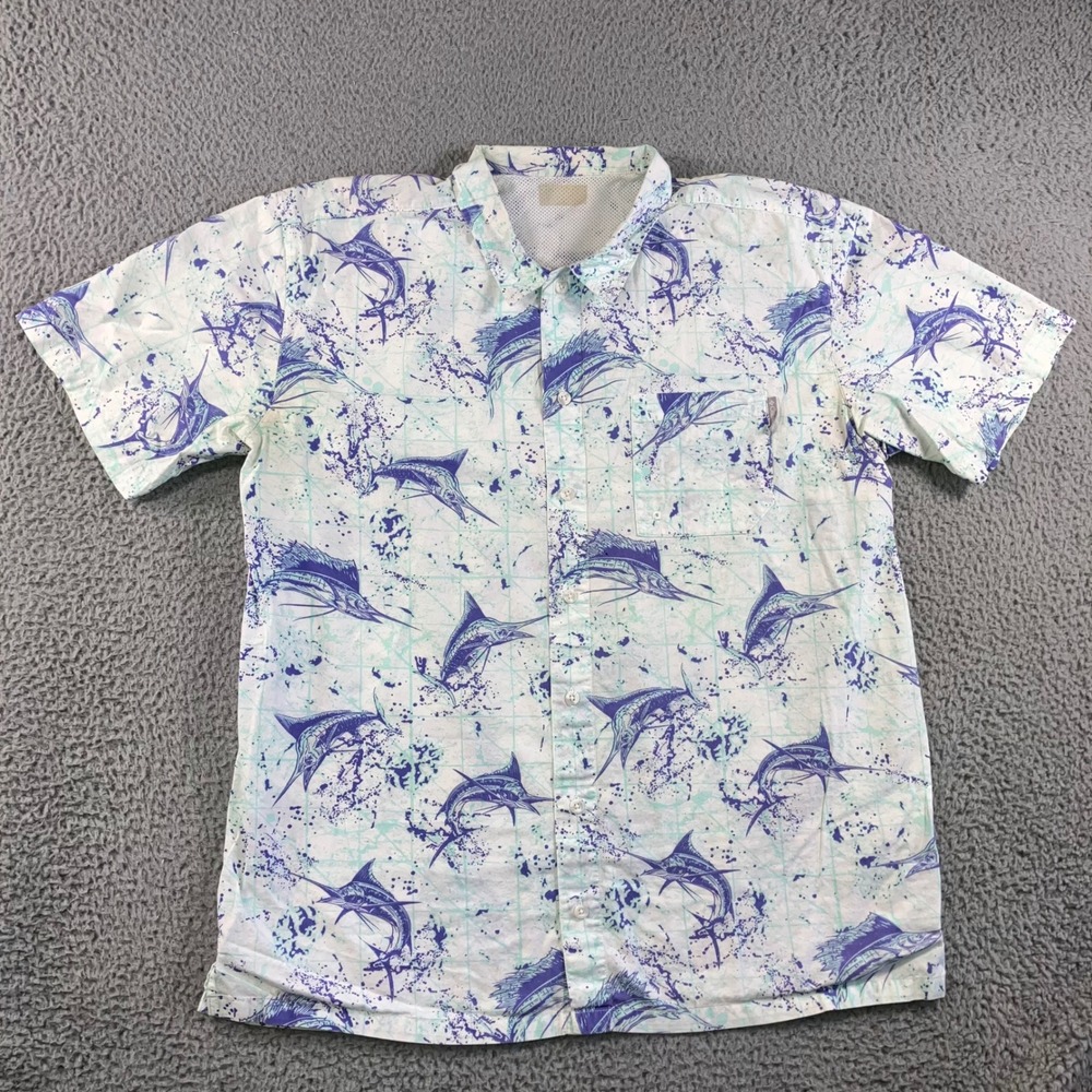 Columbia PFG Button Up Men 2XL Marlin Fish Print Short Sleeve Fishing Outdoor